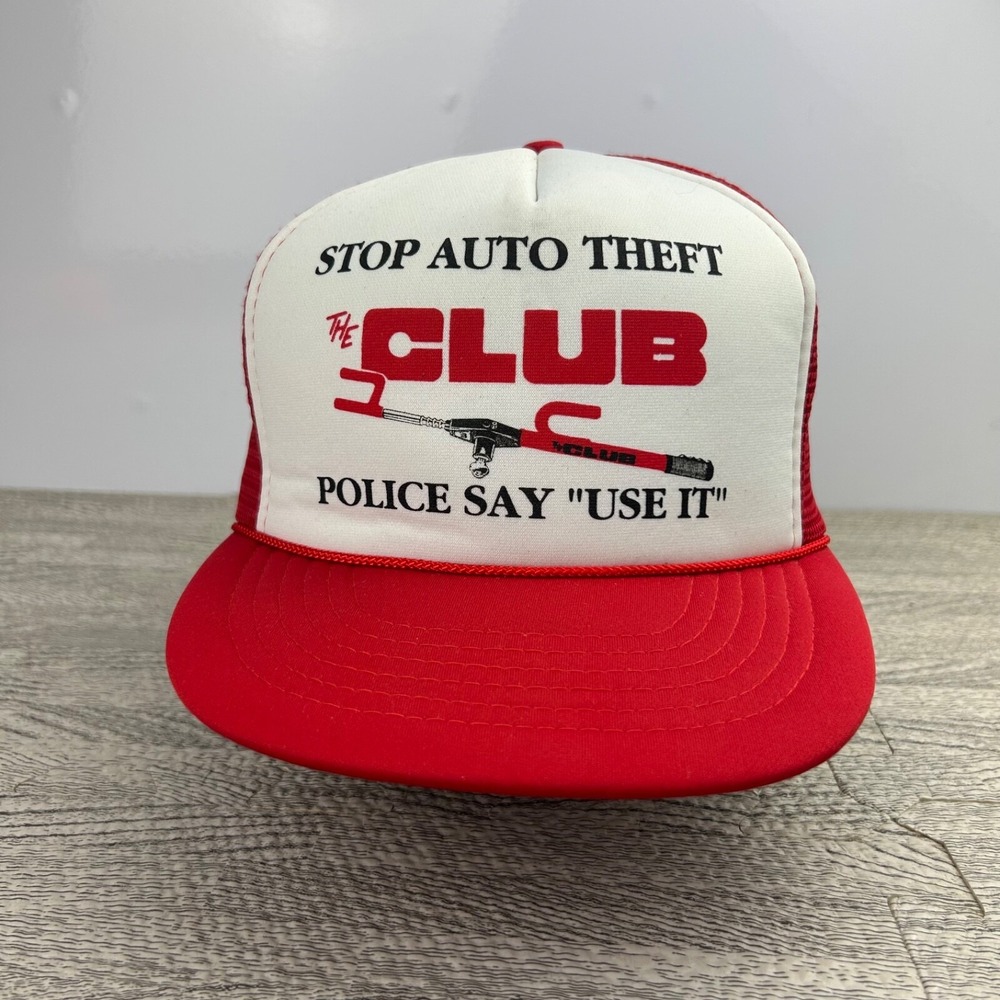 Vintage 90s The Club Trucker Hat Cap Snap‎ Back Adjustable White Stop Auto Theft